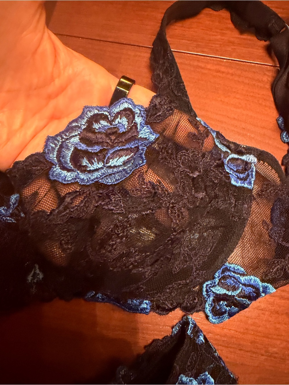 Lise Charmel 34D Sheer Black Lace Bra with Blue Rose Embroidery and thong